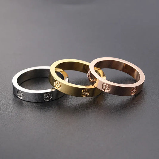 Trendy stainless steel rose gold color love ring for women & men CZ couple Crystal Luxury Brand rings