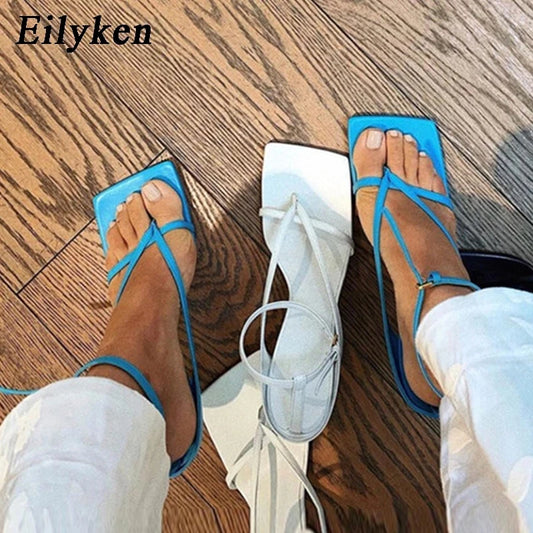 Pinch Narrow Band Women Sandals Summer Square Open Shoes - Himalaya Store