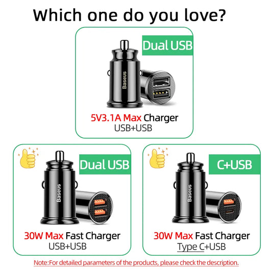 Baseus USB Car Charger Quick Charge 4.0 QC4.0 QC3.0 QC SCP 5A PD Type C 30W Fast Car USB Charger For iPhone, Xiaomi, samsung Mobile Phone