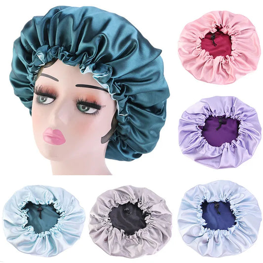 Satin bonnet hair double layer adjust sleep night cap headdress hat for curly attentive hairdressing