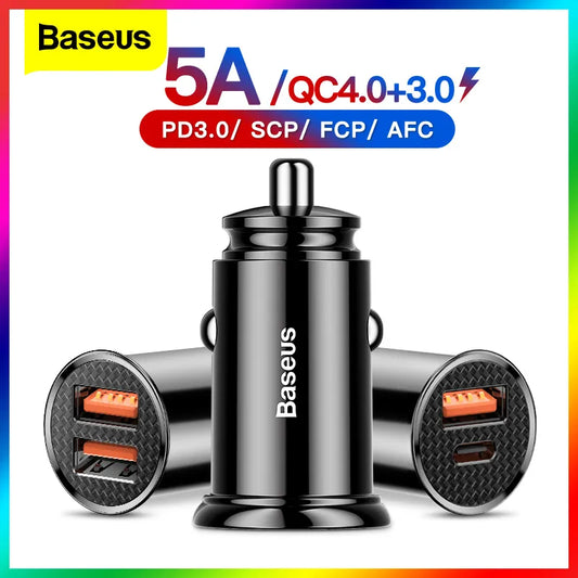 Baseus USB Car Charger Quick Charge 4.0 QC4.0 QC3.0 QC SCP 5A PD Type C 30W Fast Car USB Charger For iPhone, Xiaomi, samsung Mobile Phone